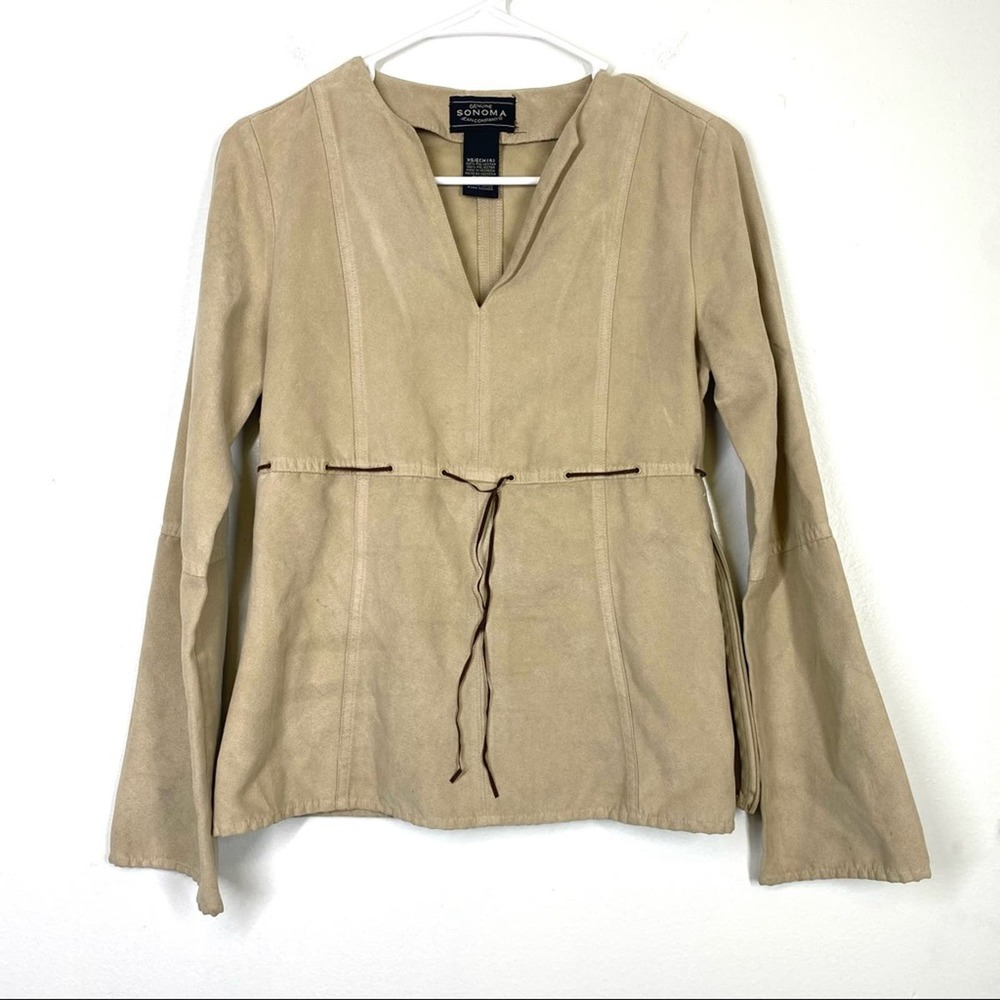 VINTAGE Faux Suede Bell Sleeve Top Academia Western Equestrian XS Tan